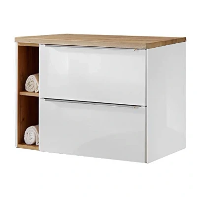 Abbildung von Lomadox Badezimmermöbel Waschtisch Unterschrank Set 81cm, Hochglanz weiß mit Wotaneiche, 2 Softclose Auszüge, Regal