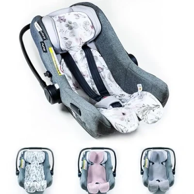 Abbildung von Atmungsaktive Sitzauflage für Babyschale Kinderautositz Kinderwagen Antischwitz, universal Gruppe 0+ (0 13kg) I (9 18kg) (BAUMWOLLE_BLUMEN)