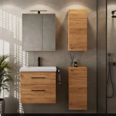 Abbildung von Planetmöbel Badset komplett aus Unterschrank 63cm mit Waschbecken, Spiegelschrank und 2X Midischrank in Gold Eiche, Komplettset für Badezimmer 5 teilig