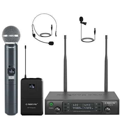 Abbildung von Phenyx Pro Wireless Mikrofon System mit Dual Handheld Funkmikrofon/Bodypack/Headset/Lapel Mikrofon, 2x100 UHF Kanäle, 328ft Reichweite, für Gesang, Kirche und Karaoke (PTU 71 1H1B).
