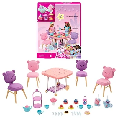 Abbildung von Barbie Teeparty Spielset für Kindergartenalter, My First mit 18 Zubehörteilen, zwei Plüschgegenstände und Servierwagen, Set ab 3 Jahren+, HMM65