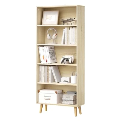 Abbildung von WOLTU Bücherregal Bücherschrank mit 5 Fächern, Standregal Aufbewahrungsregal Büroregal Aktenregal, offenes freistehendes Regal, für Wohnzimmer Küche Büro, helle Eiche, 60x144x24 cm, SK022hei