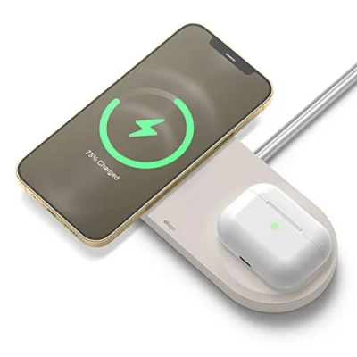 Abbildung von elago 2 in 1 Ladestation Kompatibel mit MagSafe Ladegerät iPhone 14, 13, 12 Serie, AirPods Pro 2, 3 [Ladegerät Nicht enthalten] (Taupe)