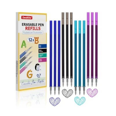 Abbildung von Radierbare Ersatzminen Kompatibel mit Legami [12er Set, Blau + Schwarz Türkis Violett] 0,7mm Bunte Gelschreiberminen Tintenroller Nachfüllminen Radierbar für Radierstifte