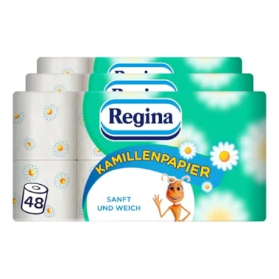 Abbildung von Regina Kamillenpapier 3 lagiges Toilettenpapier 48 Rollen Packung (3 x 16 Einzelpackungen), anft und zuverlässig, Mit einem Hauch von Kamille, FSC zertifiziertes Papier