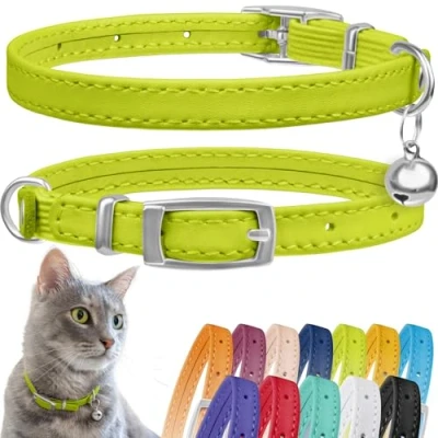 Abbildung von CollarDirect Leder Katzenhalsband mit Sicherheitsverschluss 23 28 cm Limetten Grün, Elastischer Gurt und Glocke für Mittlere Katzen