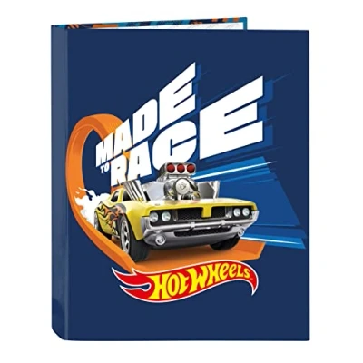 Abbildung von HOT WHEELS Speed Club Ordner mit 4 Ringen, ideal für Kinder jeden Alters, bequem und vielseitig, Qualität Widerstandsfähigkeit, 26,5 x 33 cm, Marineblau Orange