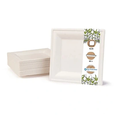 Abbildung von GREENBOX Umweltverträgliches Bagasse Geschirr Einweg 50 Stück Zuckerrohr Teller weiß eckig gebleicht 16x16 cm Bio Einweggeschirr Speiseteller Einwegteller Partyteller Einmalgeschirr