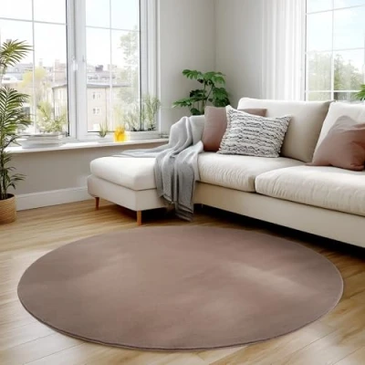 Abbildung von Carpettex Kurzflor Teppich Wohnzimmer 80 cm Rund Braun Runder Waschbar, Weich, rutschfest, modern einfarbig Design für Schlafzimmer, Küche, Esszimmer