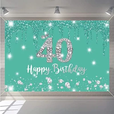 Abbildung von Happy 40th Birthday Hintergrund Banner Party Dekoration für Frauen, 40 Jahre alt Stoffschild Poster, Türkis Fotografie 40. Geburtstag Supplies, 150 x 90 cm