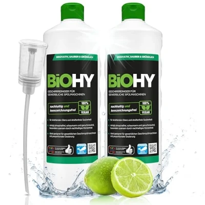 Abbildung von BiOHY Geschirrreiniger für gewerbliche Spülmaschinen (2 x 1 liter) + Dosierer Maschinenspülmittel Geschirr ergiebig, flüssig &amp; phosphatfrei Gastro Gewerbe Spülmaschinenreiniger