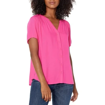 Abbildung von Amazon Essentials Damen Gewebte Kurzarmbluse, Kräftiges Rosa, XL