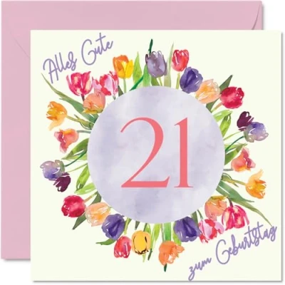 Abbildung von 21. Geburtstagskarte für Frauen Aquarell Tulpen Blumen Strauß Alles Gute zum Geburtstagskarten 21 Jährige Frau Tochter Tante, 145mm Einundzwanzig Einundzwanzigster Geburtstag Grußkarten