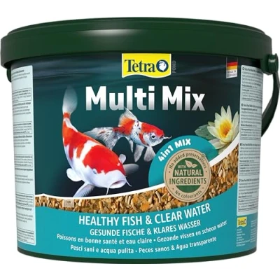 Abbildung von Tetra Pond Multi Mix Fischfutter für gemischten Besatz im Teich, enthält vier verschiedenen Futtersorten (Flockenfutter, Futtersticks, Gammarus, Wafer), 10 L Eimer