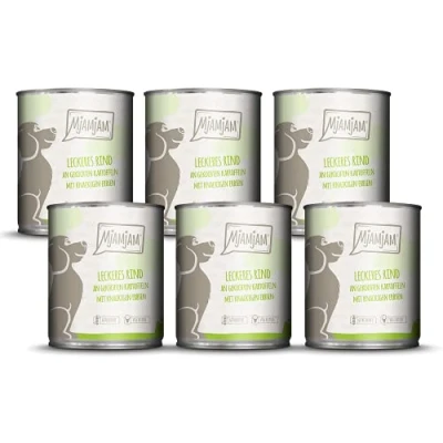 Abbildung von MjAMjAM Premium Nassfutter für Hunde leckeres Rind an gekochten Kartoffeln mit knackigen Erbsen, 6er Pack (6 x 800 g), naturbelassen extra viel Fleisch