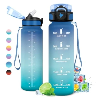 Abbildung von trinkflasche 1000ml, mit Zeitmarkierung, strohhalm, Auslaufsicher Wasserflasche Kohlensäure Geeignet für Fahrrad, Schule, Maedchen, Sport