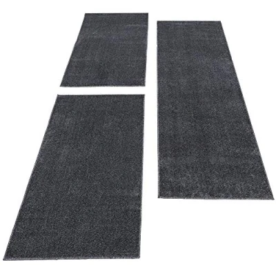 Abbildung von Carpettex Bettumrandung Schlafzimmer 3teilig Kurzflor Teppich Einfarbig Design Grau Bettset:2 mal 80x150 + 1 80x250 Bettvorleger Läufer Set Weicher