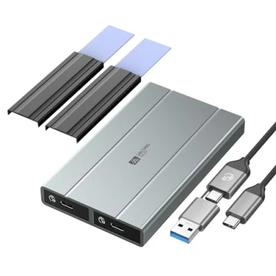 Abbildung von Dual NVMe M.2 SSD Gehäuse mit 10 Gbit/s Übertragung, USB3.2 SATA SSDGehäuse Adapter für 2230 2242 2260 2280 PCIe M Key &amp; M+B (werkzeuglos, 2 in 1 Kabel)