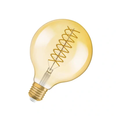 Abbildung von OSRAM Vintage 1906® Classic GLOBE125 FIL 60 LED Lampe mit Sockel 27, dimmbar, Kugelform, gold, 8,4W, 806lm, 2400K, reduziertes warmweißes Licht, geringer Verbrauch, lange Lebensdauer