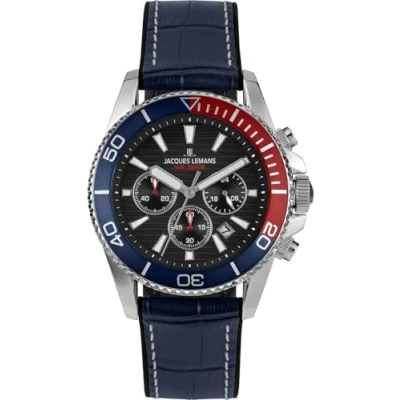 Abbildung von Jacques Lemans 1 2206D Herrenuhr Chronograph mit Lederband Blau