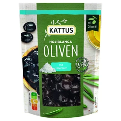 Abbildung von Kattus Schwarze Hojiblanca Oliven mit Meersalz Entsteinte Olivenöl und mariniert im wiederverschließbaren Beutel 120 g