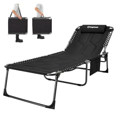 Abbildung von KingCamp Übergroße Sonnenliege Klappbar 5 Fach Verstellbar Gartenliege Liegestuhl Dreibeinliege Liege Campingliege mit Kopfkissen und Seitentasche bis 150 kg für Garten Urlaub Strand Pool 200 x 68 cm