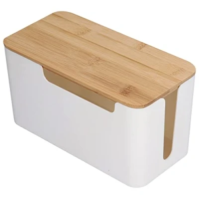 Abbildung von Kabelmanagement Box mit Holz Deckel, 23 x 12 11,7cm Weiß Kunststoff Kabelbox Schreibtisch Kabel Organizer Kleine Kabelkasten für Verstecken TV Computer Router Steckdosen