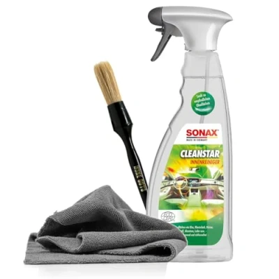 Abbildung von Auto Innenraumreiniger Set Sonax CleanStar 750ml Innenreiniger mit Geruchsneutralisierer Für alle Oberflächen im Innenraum Glas Polster Kunststoff Leder Reinigungspinsel + Mikrofasertuch