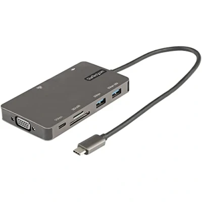 Abbildung von StarTech.com USB C Multiport Adapter auf HDMI 4K 30Hz/VGA Reiseadapter/Docking station 5Gbit/s 3.0 Hub (USB A/USB C) 100W PD SD/Micro SD Kartenleser GbE 30cm Kabel (DKT30CHVSDPD), Grau