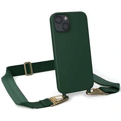Abbildung von EAZY CASE Handykette Silikon mit Karabiner kompatibel iPhone 14 Handyhülle breitem Umhängeband, Handykordel Silikon, Hülle Band, Kette für Smartphone, Pinien Grün Glänzend Gold