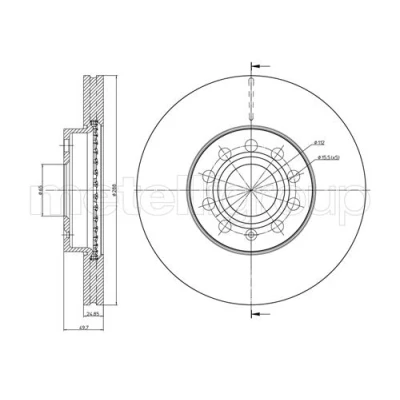 Abbildung von METELLI 23 0734C Bremsscheibe 288,0 25,0 5 65,0 Belüftet lackiert VOLKSWAGEN: CADDY 4 Kasten, Golf 7 Schrägheck, Schrägheck