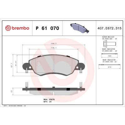 Abbildung von BREMBO P 61 070 Bremsbelagsatz inkl. Verschleißwarnkontakt mit Bremssattelschrauben ohne Zubehör CITROËN: C5 I Schrägheck, II Schrägheck