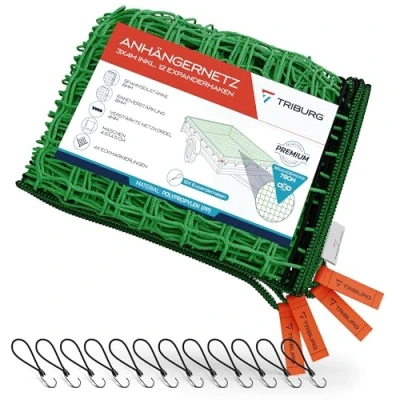 Abbildung von TRIBURG Anhängernetz 3x4 inkl. 12x Expander Haken Anhänger Netz mit Eckmarkierungen und Randverstärkung Gummispanner [Spanngummi Haken]