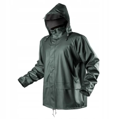 Abbildung von NEO TOOLS Herren Regenjacke mit Kapuze, Gr. M XXXL, Oberstoff PU+PVC, Futter 100% Polyester 310 g/m2, verklebte Nähte, Reißverschlüsse und Taschen vor Wasser geschützt, Ventilationsöffnungen