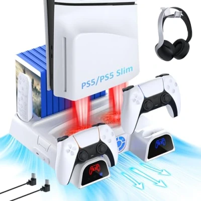 Abbildung von NexiGo PS5 Vertikaler Ständer mit Headset Halter und Netzteil, für Disc &amp; Digital Edition Dual Controller Ladestation, 3 Stufen Einstellbare Lüftergeschwindigkeit, 10 Game Rack, Weiß