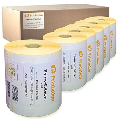 Abbildung von Printation Versandetiketten 103 x 199 mm weiß DHL, DPD, GLS, UPS 1500 103x199 Thermo Versand Etiketten auf 6 Rollen 250 Thermoetiketten pro Rolle Thermodirekt permanent Paketaufkleber Zebra