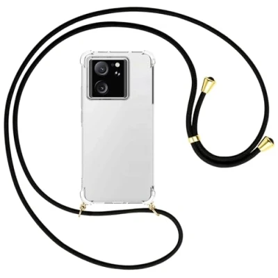 Abbildung von mtb more energy® Handykette kompatibel mit Xiaomi 13T, 13T Pro schwarz/Goldfarbene Ösen Smartphone Hülle zum Umhängen Anti Shock Full TPU Case