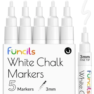 Abbildung von Funcils Weiß Kreidestifte für Tafel Abwaschbar (5 Stück 3mm) Kreidestift Fenster &amp; Ideal als Weißer Kreidemarker, Weiss Dünn, Glasstift Abwaschbar, Chalk Markers