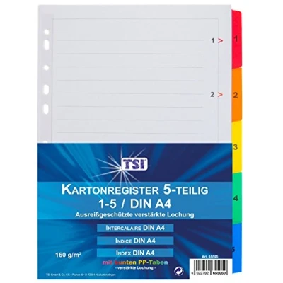Abbildung von TSI Register Mylar, DIN A4 mit folienverstärkten farbigen Taben 1 5 und beschreibbarem Deckblatt, Eurolochung für alle gängigen Ordner geeignet, Art. Nr. 65505