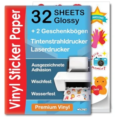 Abbildung von Hochwertiges Bedruckbares Vinyl Aufkleberpapier 32 Blatt glänzend, A4 Wasserfest für Laser und Tintenstrahldrucker Cricut