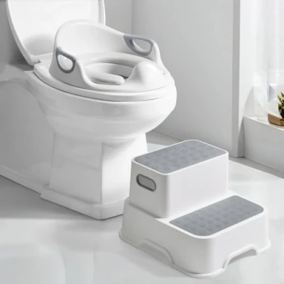 Abbildung von DEANIC Toilettensitz Kinder mit Tritthocker Kinder, Treppe, WC Sitz 2 Stufen Hocker, Toilettenaufsatz Klositz für ab 1 3 6 Jahre, Kissen Bürste (Rosa)
