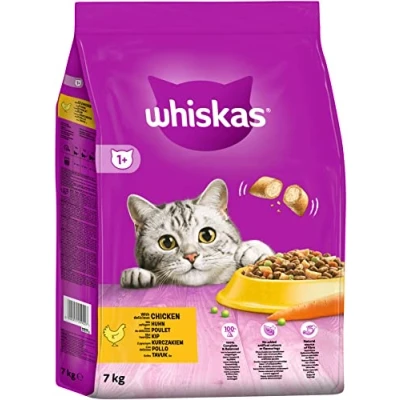 Abbildung von WHISKAS Adult 1+ Katzenfutter trocken ab 1 Jahr 7kg, Großpackung mit Huhn Trockenfutter für Katzen Beutel