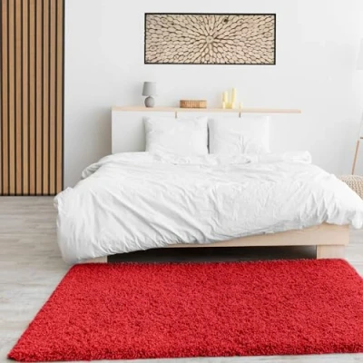 Abbildung von VIMODA Prime Shaggy Hochflor Langflor Teppich Einfarbig Modern Rot für Wohnzimmer, Schlafzimmer, Maße:150 cm Quadrat