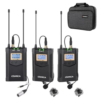 Abbildung von comica Kabelloses Lavalier Mikrofon, CVM WM100 Plus UHF Dual Wireless Mikrofonsystem mit 2 Sendern und Empfänger für DSLR Kameras XLR Camcorder Smartphone YouTube Interview (AA Batterien)