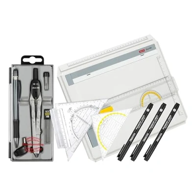 Abbildung von Aristo VD87120 Zeichenplatten Set 2 (AR70442 Geo Board Zeichenplatte A4, AR7090 Schnellzeichendreieck, AR80084 Zirkel GZ 5 teilig, AR23513 College Pigmentliner 3er Set, AR1552 Geodreieck 16 cm)