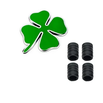 Abbildung von 3D Metall Glücksklee Logo Auto Abzeichen Emblem Aufkleber + 4 Stücke Gerändelt Stil Mit Kunststoffkern Ventilkappen für Universal Car Styling Dekorative Accessoires