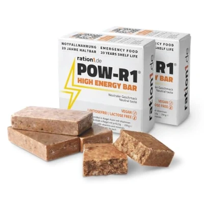 Abbildung von ration1 Energieriegel, lange haltbar, Riegel als Notfallnahrung oder Snack beim Radfahren Wandern Outdoor, vegan &amp; laktosefrei, POW R1® High Energy Bar 2er Pack enthält 2x 4 einzelne Bars