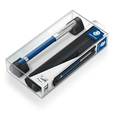 Abbildung von STAEDTLER TRX 412TRX3M 9ST Tintenroller (ergonomische Dreikantform, samtweiche Aluminium Oberfläche, Aufsteckkappe mit Metallclip, Refill, Strichstärke: M, Schreibfarbe: schwarz) blau