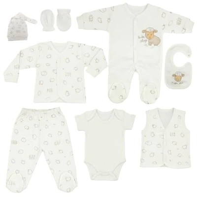 Abbildung von Blue Eyes Neugeborenen Baby Geschenk Set 100% natürliche Baumwolle Erstausstattung Erstlingsausstattung Ausstattung Unisex Kleidung Geschenkset Babyausstattung für Babys 0 4 Monate 8 teilig (Lamm)