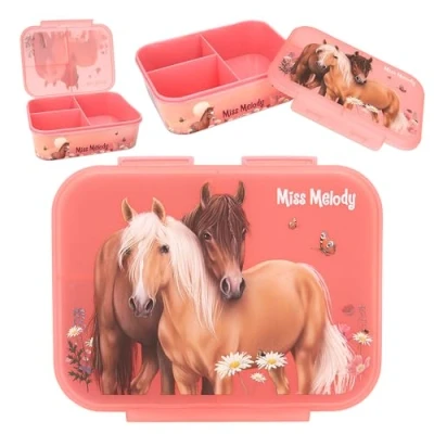 Abbildung von Depesche 12895 Miss Melody Flowers Brotdose in Altrosa, mit Pferde Motiv und Blumen, Lunchbox 3 Fächern transparentem Deckel